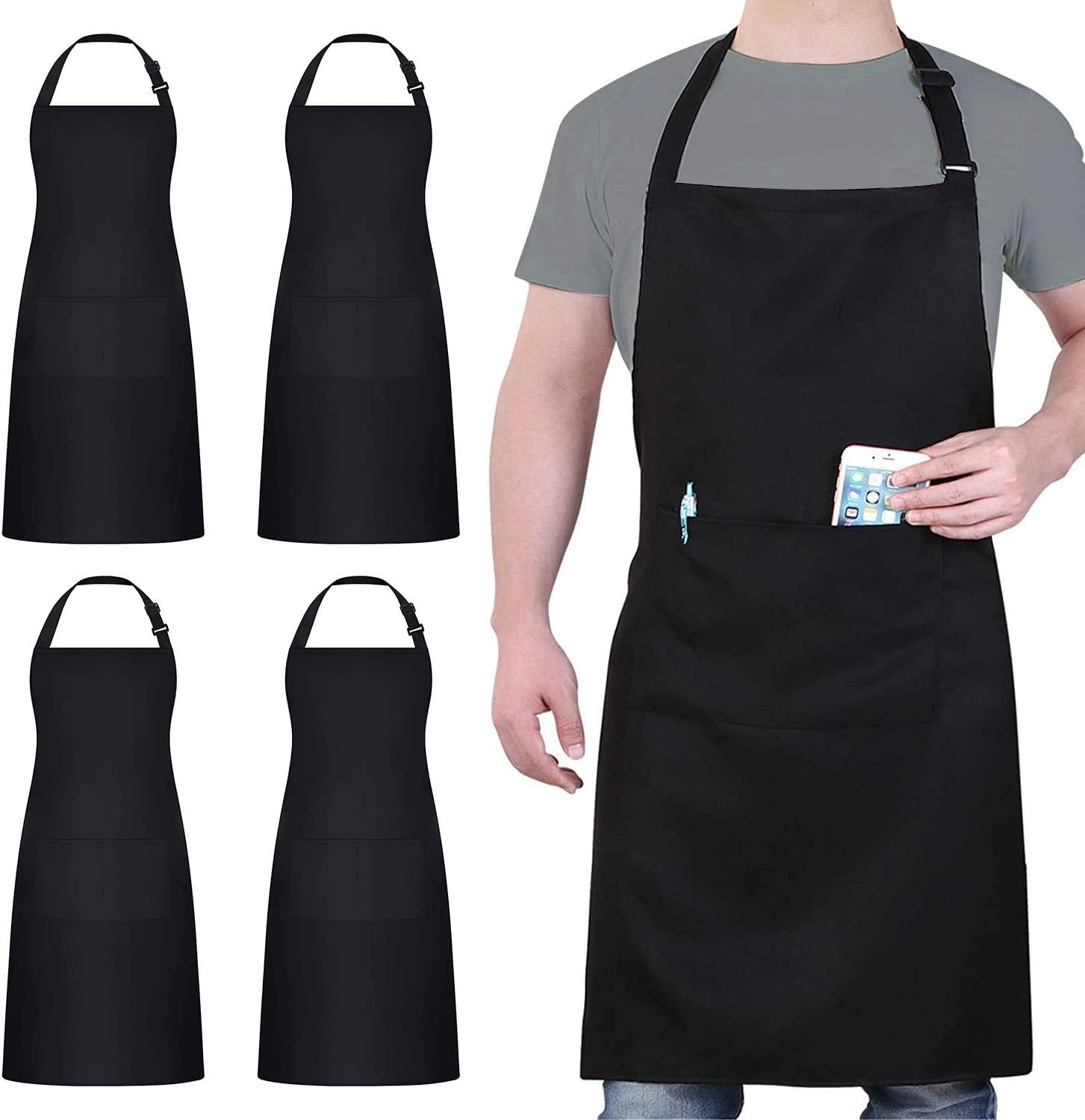 4 Packs Chef Apron, Black Waterproof Apron, Adjustable Aprons with 2 Pockets for Men Women, Professional Aprons for Kitchen Cooking Gardening Painting Baking Restaurant (Black)