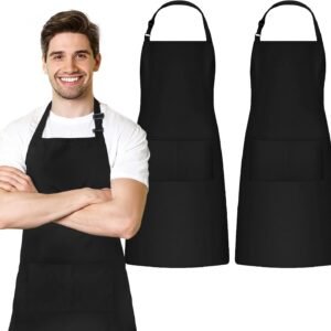 Adjustable Bib Apron 100% Polyester Kitchen Aprons Waterdrop Resistant Aprons with Adjustable Strap, Pockets & Long Ties