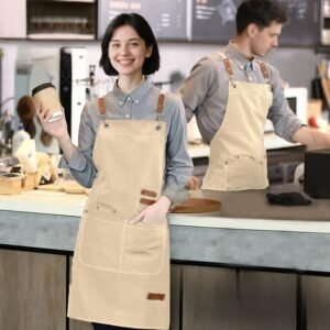 Adjustable Canvas Apron Multi Pocket Kitchen Cooking Barista Crafting Gardening Bib Apron with Tool Loop for Home Work
