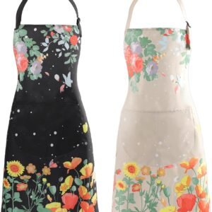 Apron for Women with Pockets, 2 Pcs Waterproof Floral Apron with Adjustable Neck Strap for Cooking, Baking, Gardening, Crafts