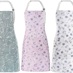 Apron for Women with Pockets, 3 PCs Waterproof Floral Apron with Adjustable Neck Strap for Cooking, Baking, Gardening, Art Craft