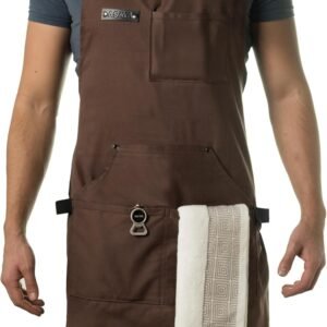 Asaya Chef and BBQ Apron with Bottle Opener and Hand Towel - 10oz Cotton Canvas, Stainless Steel Hardware - Cross Back Straps