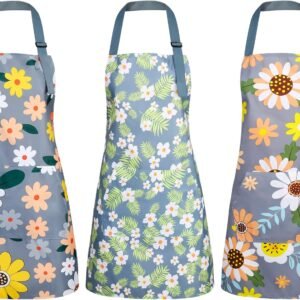 BOUMUSOE 3 Pack Floral Aprons with Pocket, Blooming Womens Aprons Waterproof Adjustable Cooking Aprons for Kitchen Gardening and Salon