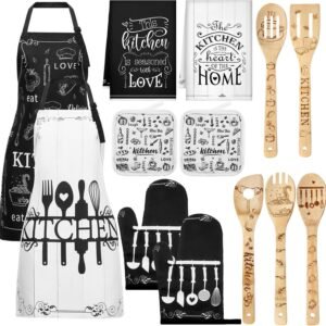 Bencailor 13 Pcs Christmas Kitchen Sets Christmas Aprons Oven Mitts and Pot Holders Dish Towels Wooden Spoons for Xmas Gifts(Black White, Kitchen)