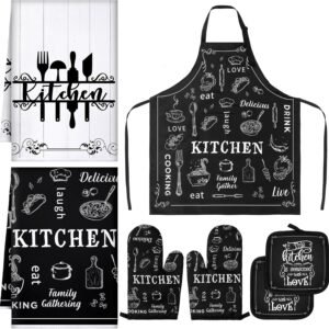 Bencailor 7 Pcs Kitchen Towels Oven Mitt and Pot Holder Apron Kitchen Decor Birthday Party Gifts (Cooking Meal Theme)
