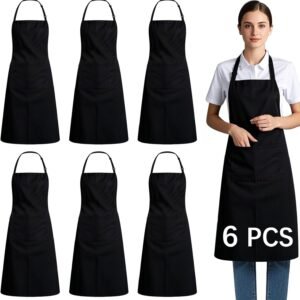 Bib Apron - Unisex Black Aprons 6 Pockets Cooking Kitchen Apron for Chef,BBQ Drawing aprons black (6 PCS)