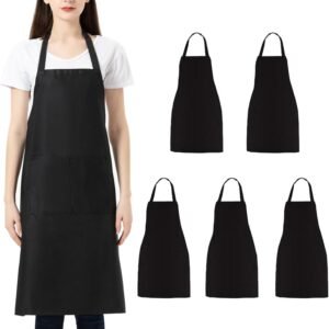 Chef Apron for Men Women - 5 Pack Unisex Bib Aprons with 2 Pockets, Washable Kitchen Aprons for Cooking Baking Restaurant crafting, BBQ Drawing Apron Bulk, Black