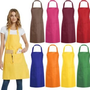 DUSKCOVE 8 PCS Plain Bib Aprons Bulk - Mixed Color Commercial Apron with 2 Pockets for Kitchen Cooking Restaurant BBQ Painting Crafting