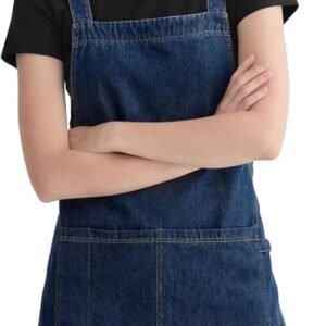 Denim H-Back Apron for Men Women, Plain Chef Apron with 3 Pockets, Adjustable Waist Tie for BBQ, Baking, Gardening