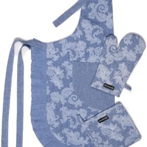 Encasa XO Kitchen Apron with Oven Gloves & Potholder - Combo Set -100% Cotton - Heat Resistant