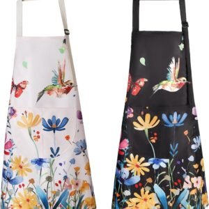Floral Apron Women, 2 Pack Aprons for Women with Pockets, Waterproof Kitchen Apron Aprons for Cooking, Baking