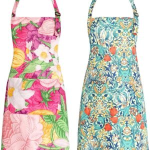 Floral Apron for Women with Pockets, 2Pcs Adjustable Canvas Apron for Cooking, Baking, Gardening, Crafts