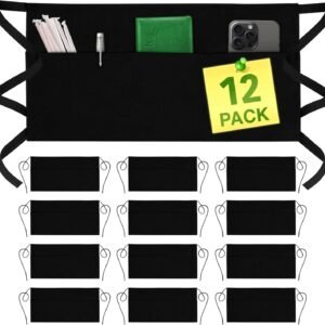 GREEN LIFESTYLE Server Aprons with 3 Pockets - Waist Apron, Waitress Apron for Women and Man, Water Resistant with Long Waist Strap Reinforced Seams, Half Apron (12 Pack - Black)