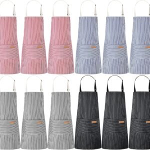 Handepo 12 Pcs Cotton Aprons for Women Men with Pockets Soft Adjustable Bib Stripe Aprons for Cooking Kitchen Chef
