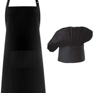 Hyzrz Chef Apron and Hat Set, Adjustable Adult Kitchen Apron With Butcher Hat, Baker Costume Apron with Pocket for Men and Women Father's Gift (Black)