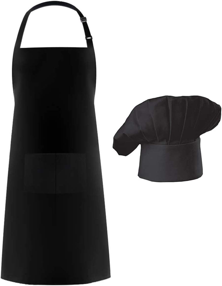 Hyzrz Chef Apron and Hat Set, Adjustable Adult Kitchen Apron With Butcher Hat, Baker Costume Apron with Pocket for Men and Women Father's Gift (Black)