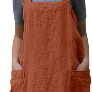 Larmliss Women's Pinafore Square Apron Baking Cooking Gardening Works Cross Back Cotton/Linen Blend Dress with 2 Pockets