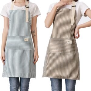 Lofekea Aprons 2 Pack Adjustable Bib Aprons with 2 Pockets Cotton Linen Cooking Kitchen Chef Apron for Women and Men