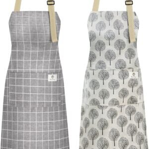 NLUS 2 Pack Waterproof Cooking Aprons, Adjustable Bib Soft Chef Apron with 2 Pockets for Men Women (Gray Stripe/Gray Trees)
