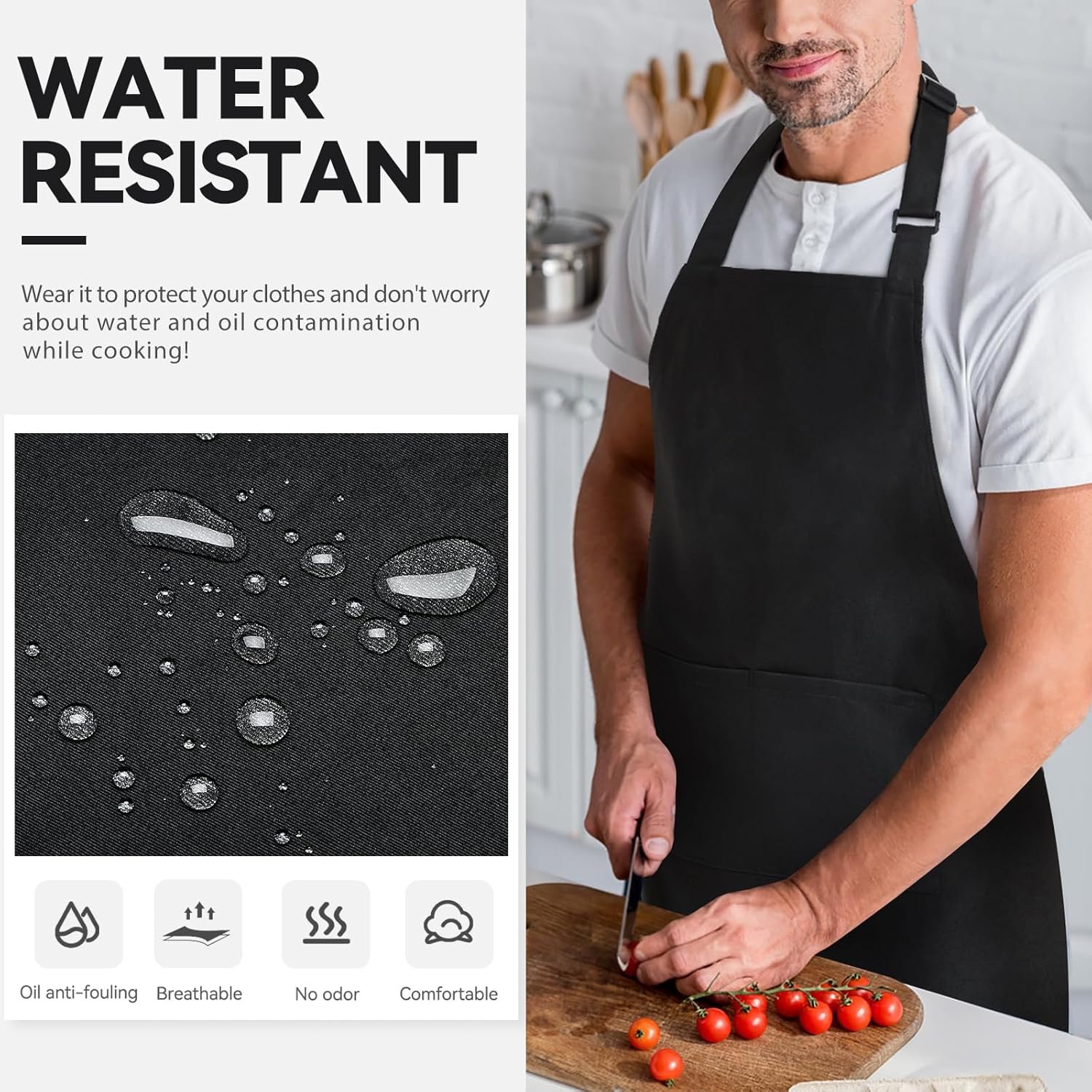 NLUS Chef Aprons for Men Women Kitchen Cooking Aprons for Women with 2 Pockets, Adjustable Bib Aprons, Water & Oil Resistant - 1 PACK, Black - Image 2