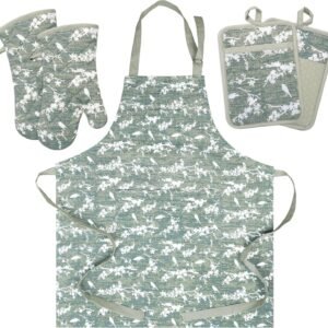 Oven Mitts and Pot Holders with Cooking Apron Set of 5, Heat Resistant Kitchen Gloves and Silicone Non-Slip Potholders, Adjustable Neck Buckle Chef Apron, Cotton Nice Design for Cooking (Aqua)…