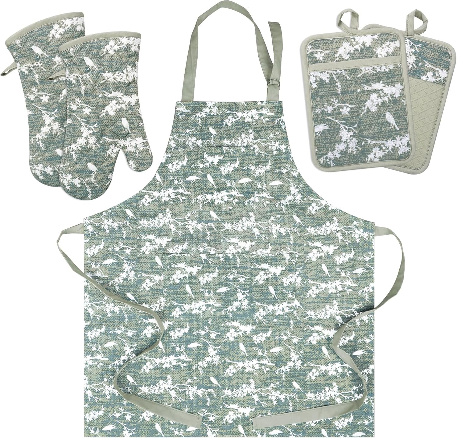 Oven Mitts and Pot Holders with Cooking Apron Set of 5, Heat Resistant Kitchen Gloves and Silicone Non-Slip Potholders, Adjustable Neck Buckle Chef Apron, Cotton Nice Design for Cooking (Aqua)…