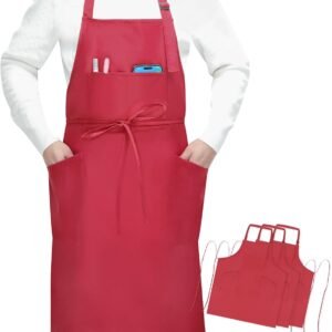 SHEOMERN 3 Pcs Dual Waterproof Oilproof Kitchen Chef Aprons with 4 Pockets for Men Women, Adjustable Soft Anti-Tear Cooking Bib Apron for Baking Grilling BBQ Painting Cleaning (Red)