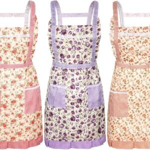 Syhood 3 Pieces Women Floral Aprons with Pockets Vintage Flower Kitchen Cooking Aprons with Adjustable Strap Cute Apron for Kitchen Baking Gardening Household Cleaning Gift Supplies