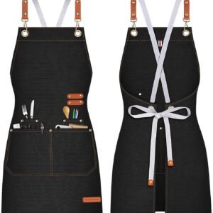 Teskyer Kitchen Cooking Apron with Pockets, Water Oil Resistant, Canvas Cross Back Aprons for Men Women Chef Server