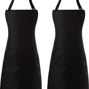 Tosewever 2 Pack Adjustable Bib Apron, Waterdrop Resistant Aprons with 2 Pockets Cooking Kitchen Restaurant Aprons for Women Men Chef, BBQ Drawing Crafting Outdoors (Polyester-Black, 2)