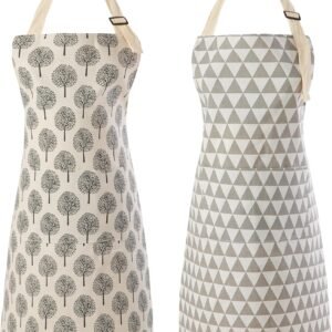 Tosewever 2 Pieces Cotton Linen Waterproof Bib Apron with 2 Pockets - Long Ties Adjustable Neck Strap - Unisex Cooking Kitchen Decorative Pattern Aprons for Women Chef (Triangle/Tree, 2)