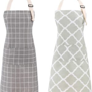 Tosewever 2 Pieces Cotton Linen Waterproof Bib Kitchen Apron with Pockets - Long Ties Adjustable Neck Strap - Unisex BBQ Cooking Drawing Crafting Aprons for Women Chef (Grey/Green, 2)