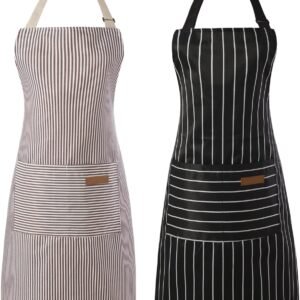 Tosewever 2 Pieces Kitchen Cooking Aprons, Cotton Polyester Blend Adjustable Bib Aprons with 2 Pockets for Women Men Chef Chef (Black/Brown Stripes, 2)
