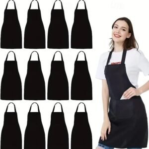 Unisex Aprons Set,Durable Solid Color Polyester Kitchen Aprons with Adjustable Neck and 2 Large Pockets,Machine Washable for Cooking(Black)