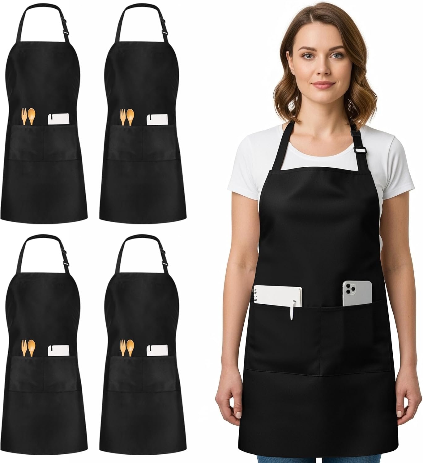Utopia Kitchen 4 Pack Bib Apron Adjustable with 2 Pockets, Water and Oil Resistant, Cooking Kitchen Chef Apron for Women Men