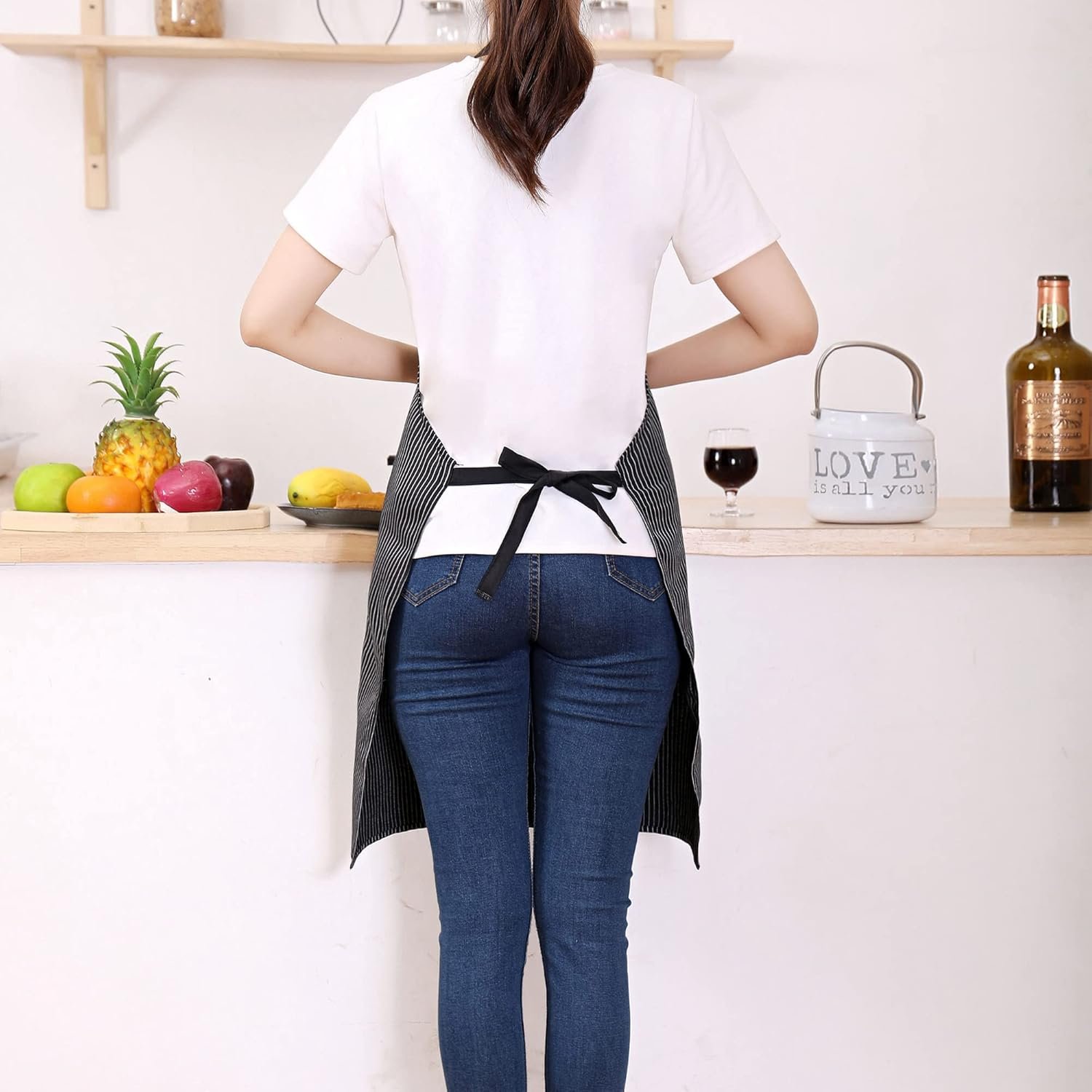 Tosewever 2 Pieces Kitchen Cooking Aprons, Cotton Polyester Blend Adjustable Bib Aprons with 2 Pockets for Women Men Chef Chef (Navy/Black Stripes, 2) - Image 3