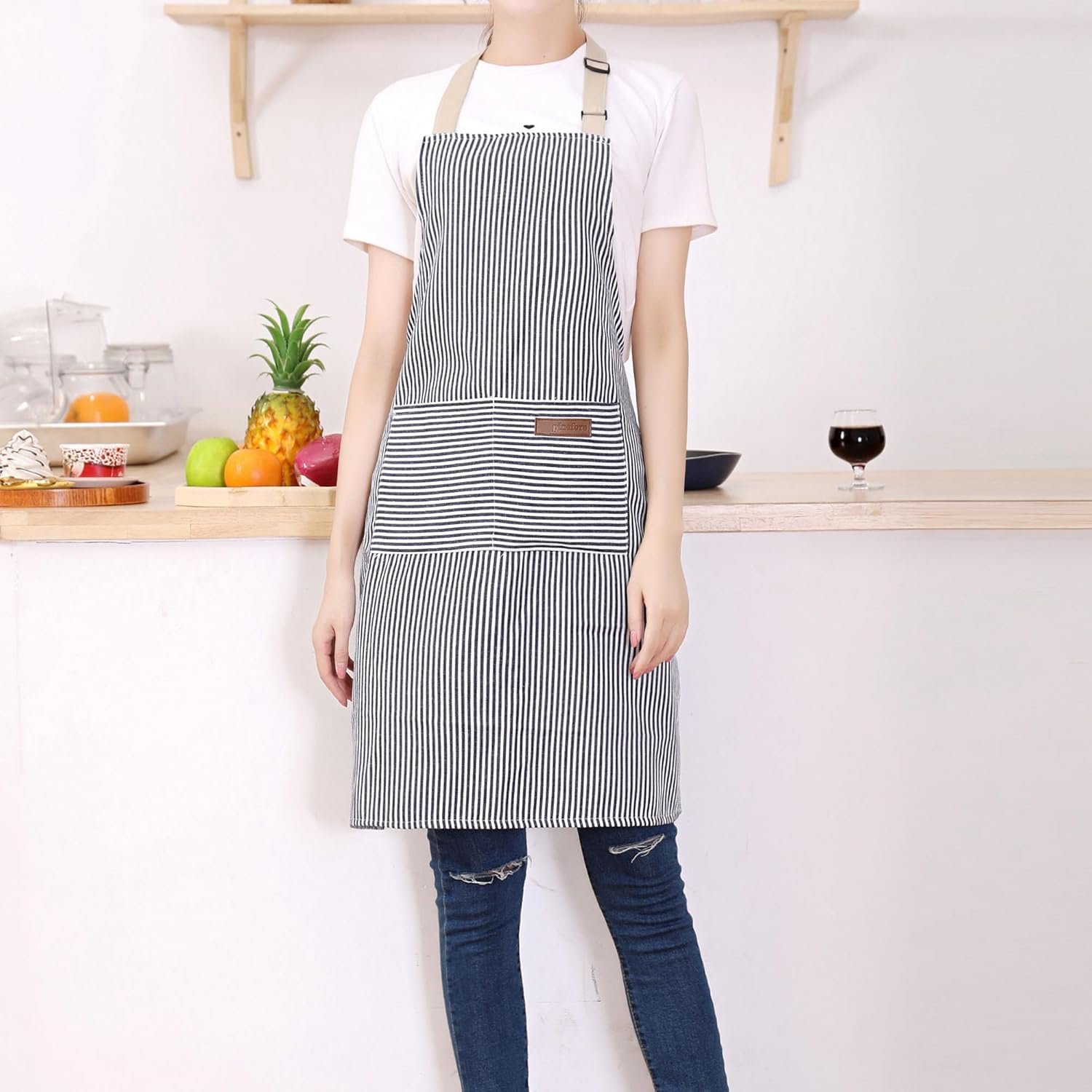 Tosewever 2 Pieces Kitchen Cooking Aprons, Cotton Polyester Blend Adjustable Bib Aprons with 2 Pockets for Women Men Chef Chef (Navy/Black Stripes, 2) - Image 4
