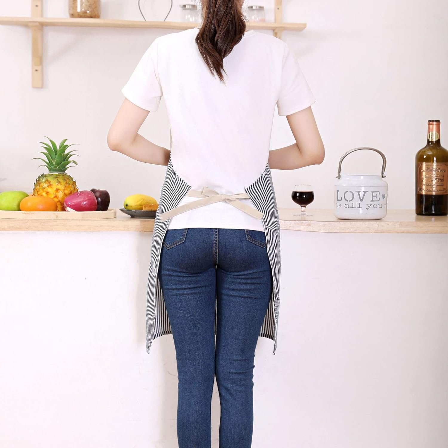 Tosewever 2 Pieces Kitchen Cooking Aprons, Cotton Polyester Blend Adjustable Bib Aprons with 2 Pockets for Women Men Chef Chef (Navy/Black Stripes, 2) - Image 5