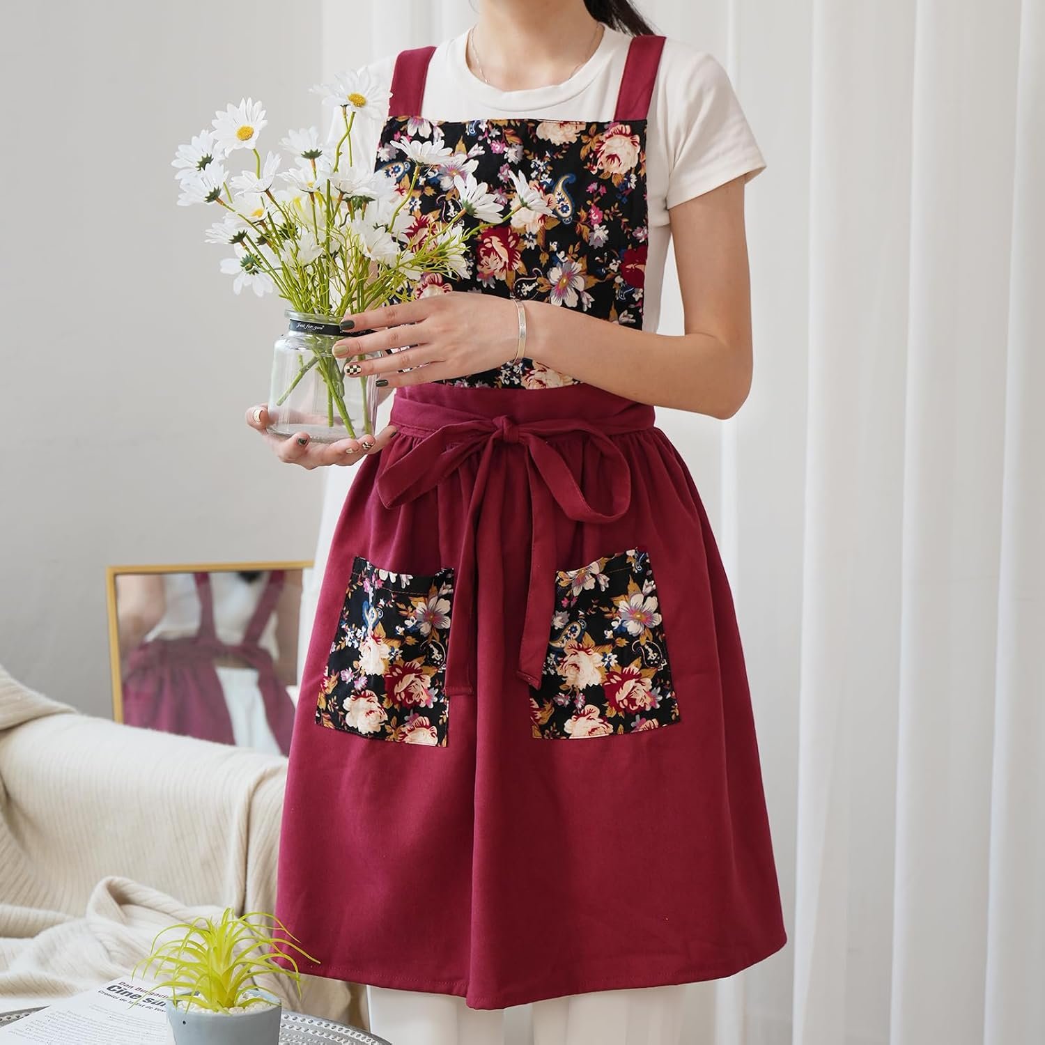 Pinknoke Vintage Pinafore Apron Dress for Women with Pockets Cute Floral Chef Aprons for Kitchen Cooking Baking Gardening - Image 3