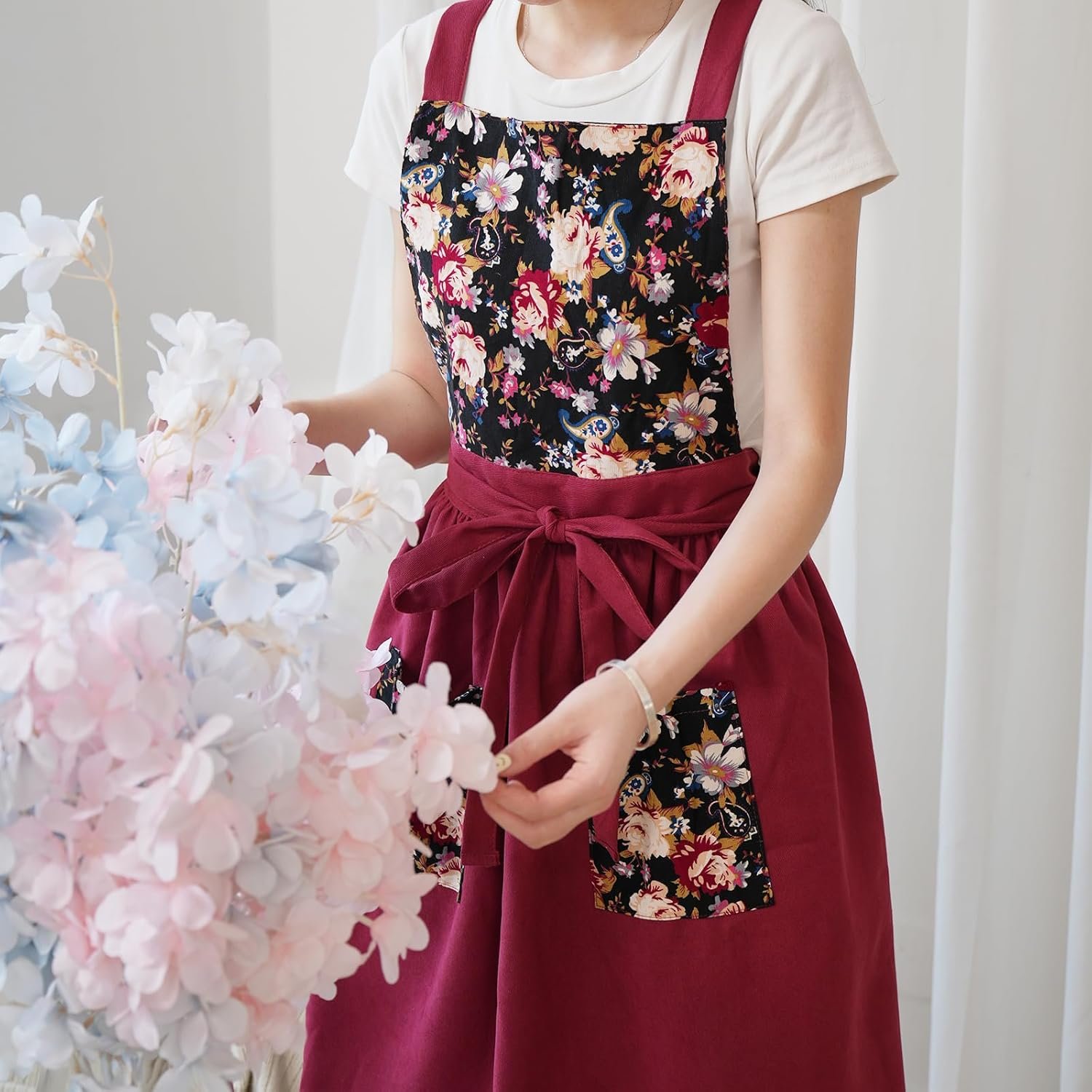 Pinknoke Vintage Pinafore Apron Dress for Women with Pockets Cute Floral Chef Aprons for Kitchen Cooking Baking Gardening - Image 8
