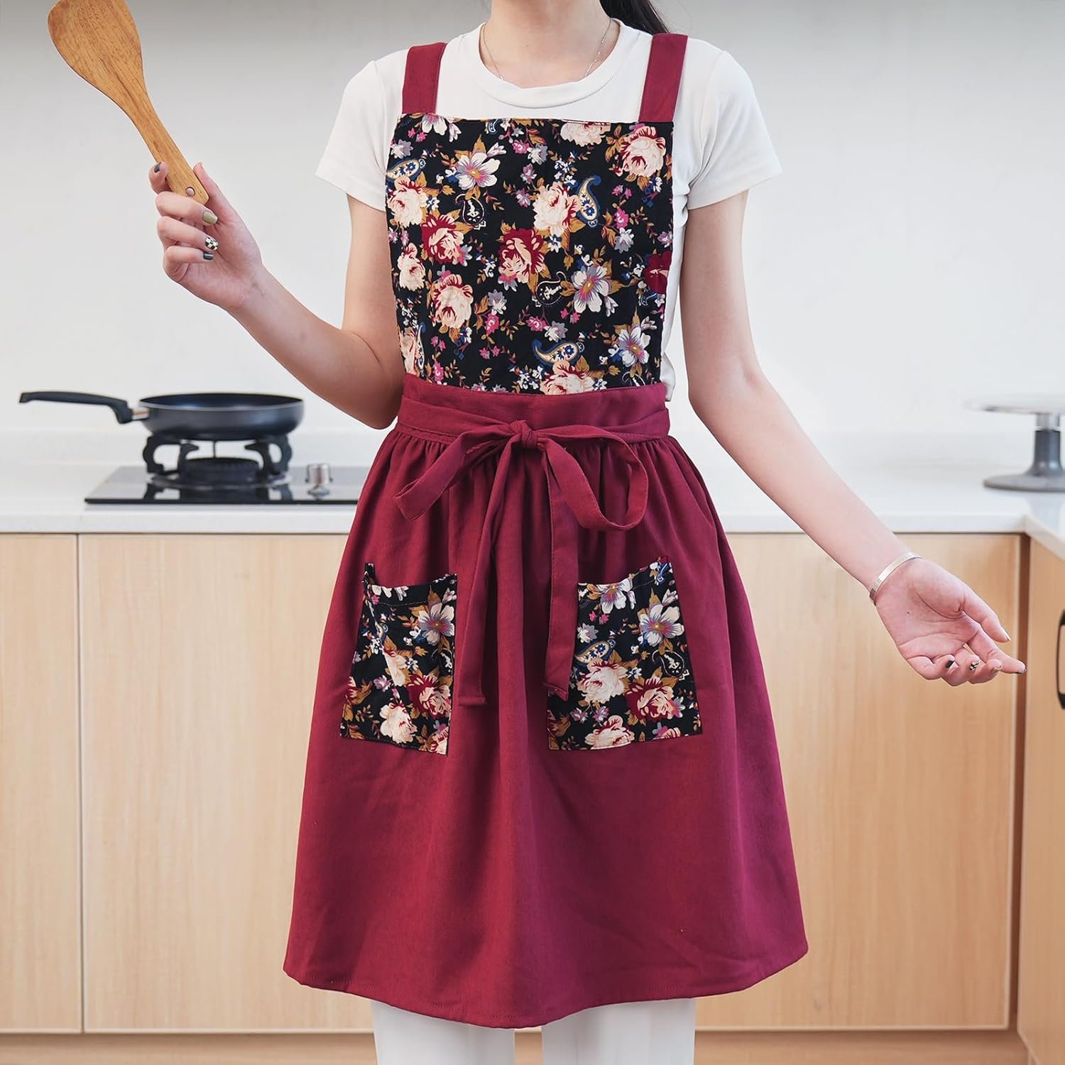Pinknoke Vintage Pinafore Apron Dress for Women with Pockets Cute Floral Chef Aprons for Kitchen Cooking Baking Gardening - Image 9