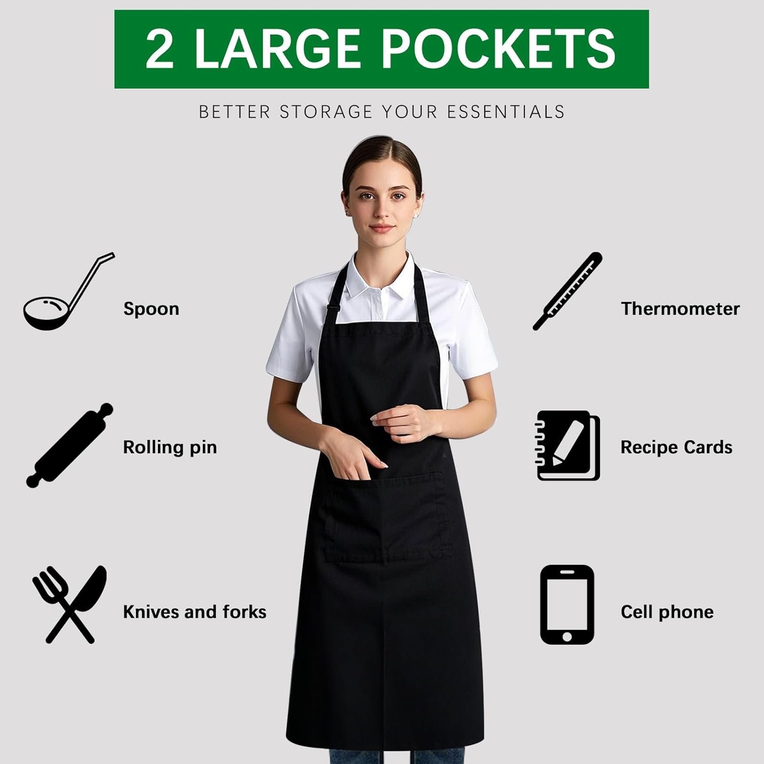 Bib Apron - Unisex Black Aprons 2 Pockets Cooking Kitchen Apron for Chef,BBQ Drawing aprons black (10 PCS) - Image 4