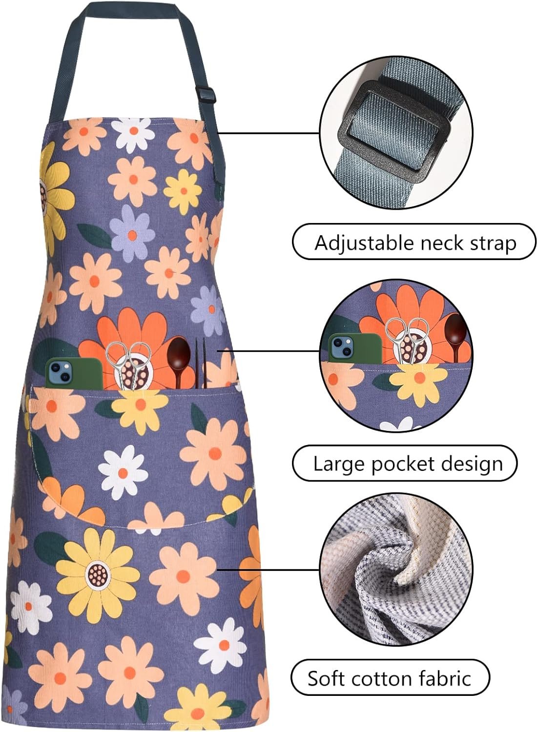 2 Pack Floral Apron for Women with Pockets, Adjustable Cotton Chef Aprons for Kitchen, Cooking, BBQ & Grill - Image 3