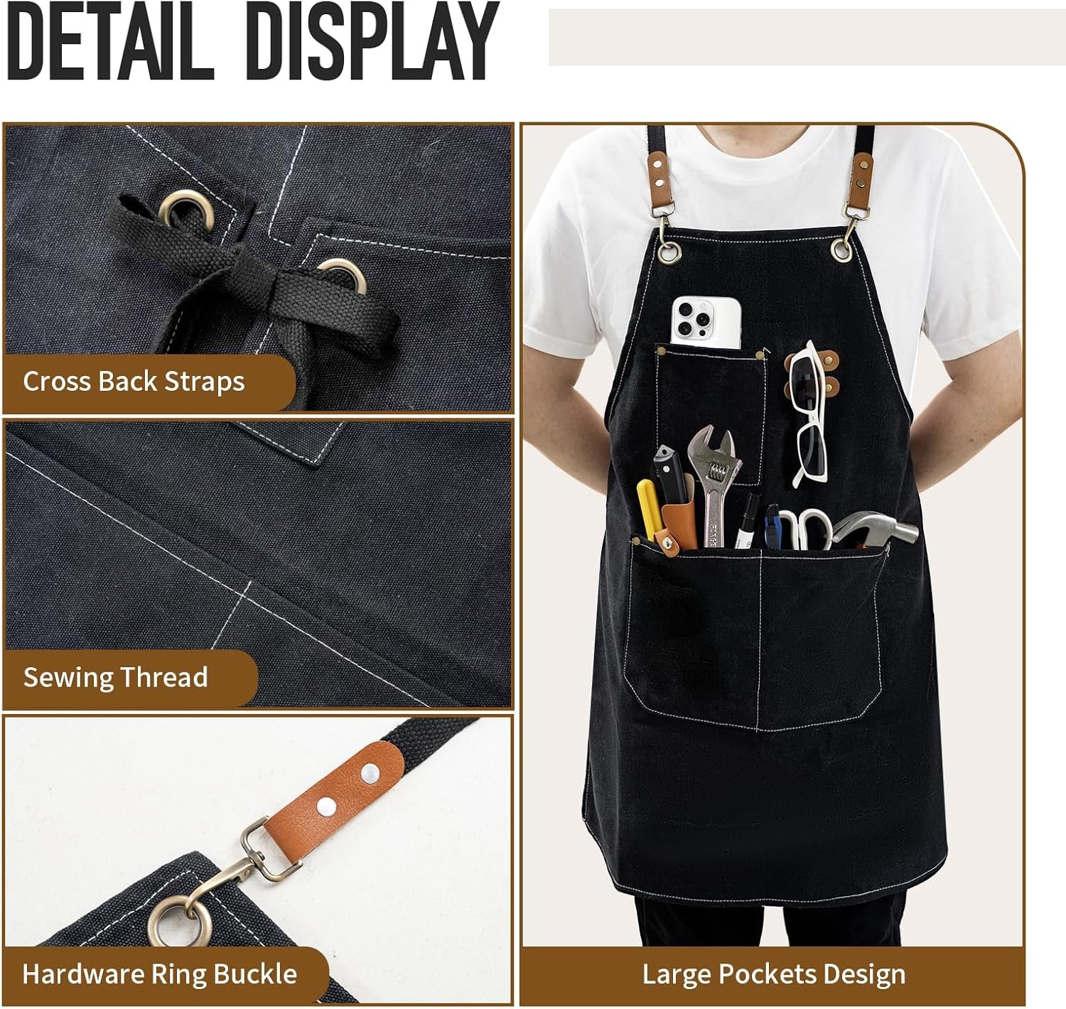 Aprons For Women Men With Large Pockets, Waterproof Cotton Chef Aprons For Cooking Server Grilling Bbq Kitchen - Image 4