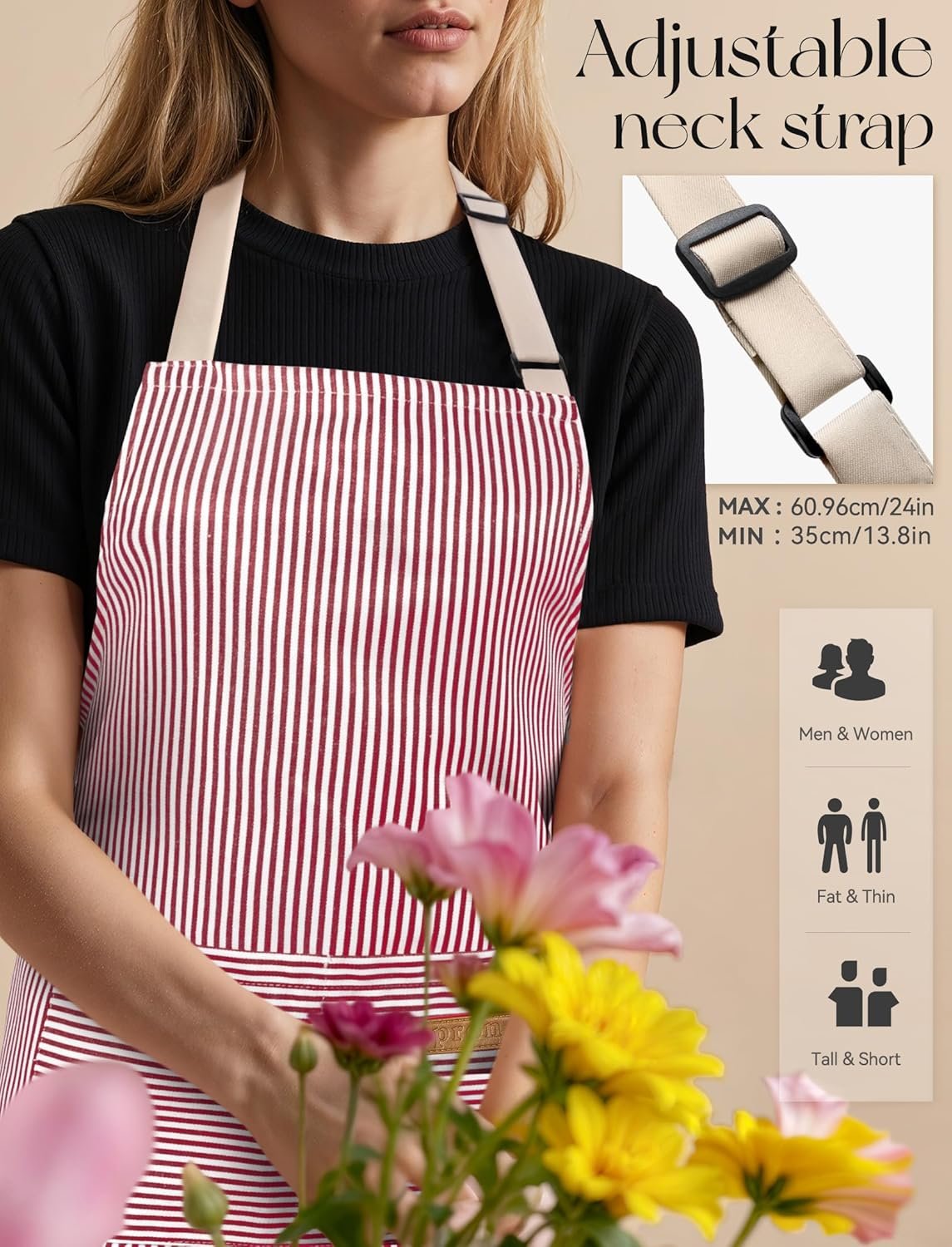 2 Pack Kitchen Cooking Aprons, Soft Aprons for Women Men with 2 Pockets Chef Apron with Adjustable Neck Strap and Long Tie - Image 4