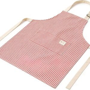 Women's Polyester Kitchen Apron with Striped Linen Look Lightweight Breathable Bib Apron for Cooking Baking
