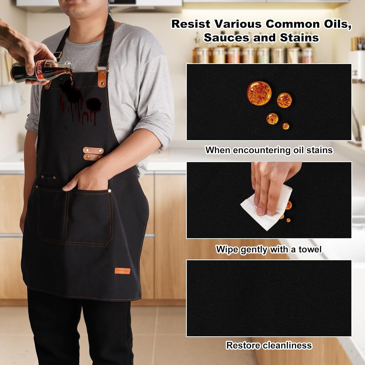 Chef Aprons for Women Men with Pockets(Functional and Large), Oil-Repellent & Water-Resistant Heavy-Duty Black Canvas with Adjustable Straps, Full-Coverage Protection for Cooking, Kitchen - Image 4