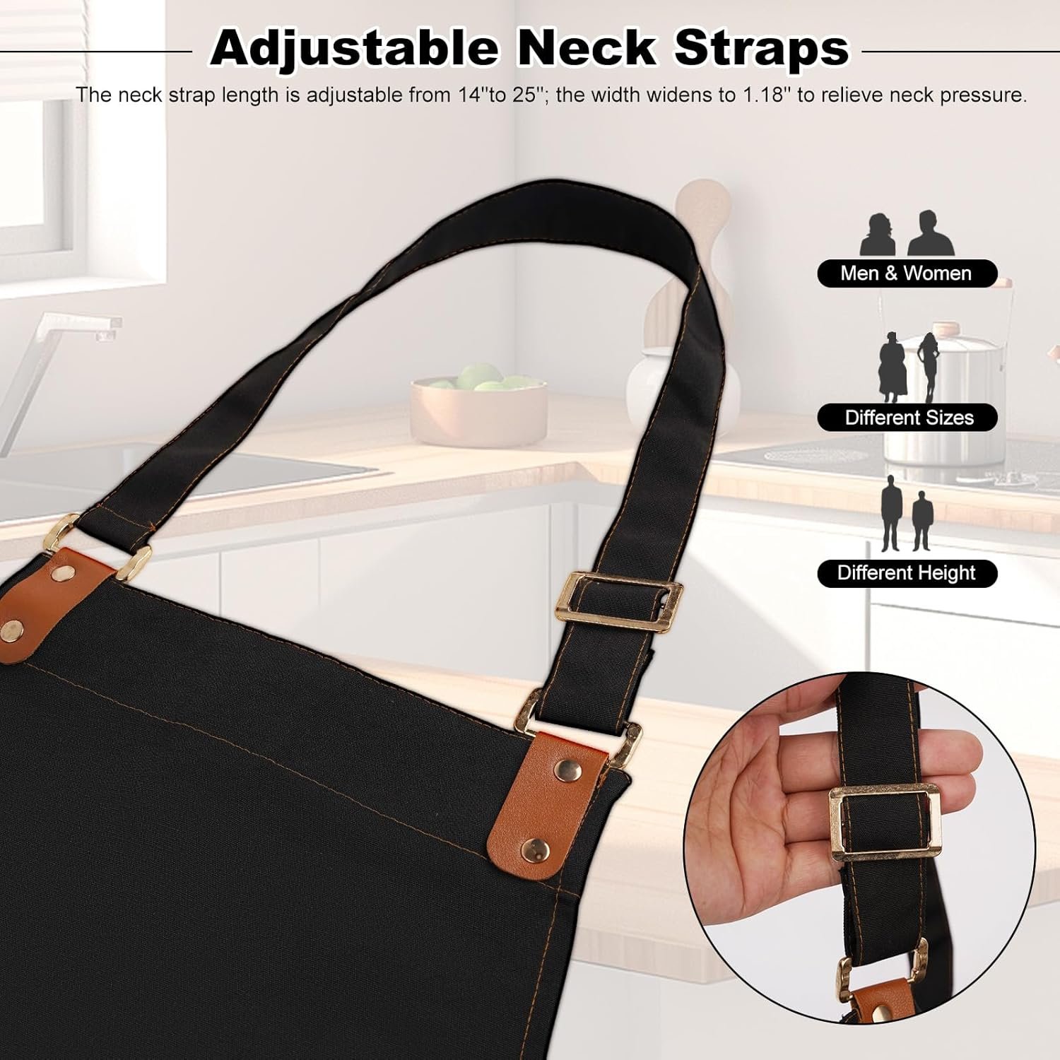 Chef Aprons for Women Men with Pockets(Functional and Large), Oil-Repellent & Water-Resistant Heavy-Duty Black Canvas with Adjustable Straps, Full-Coverage Protection for Cooking, Kitchen - Image 5