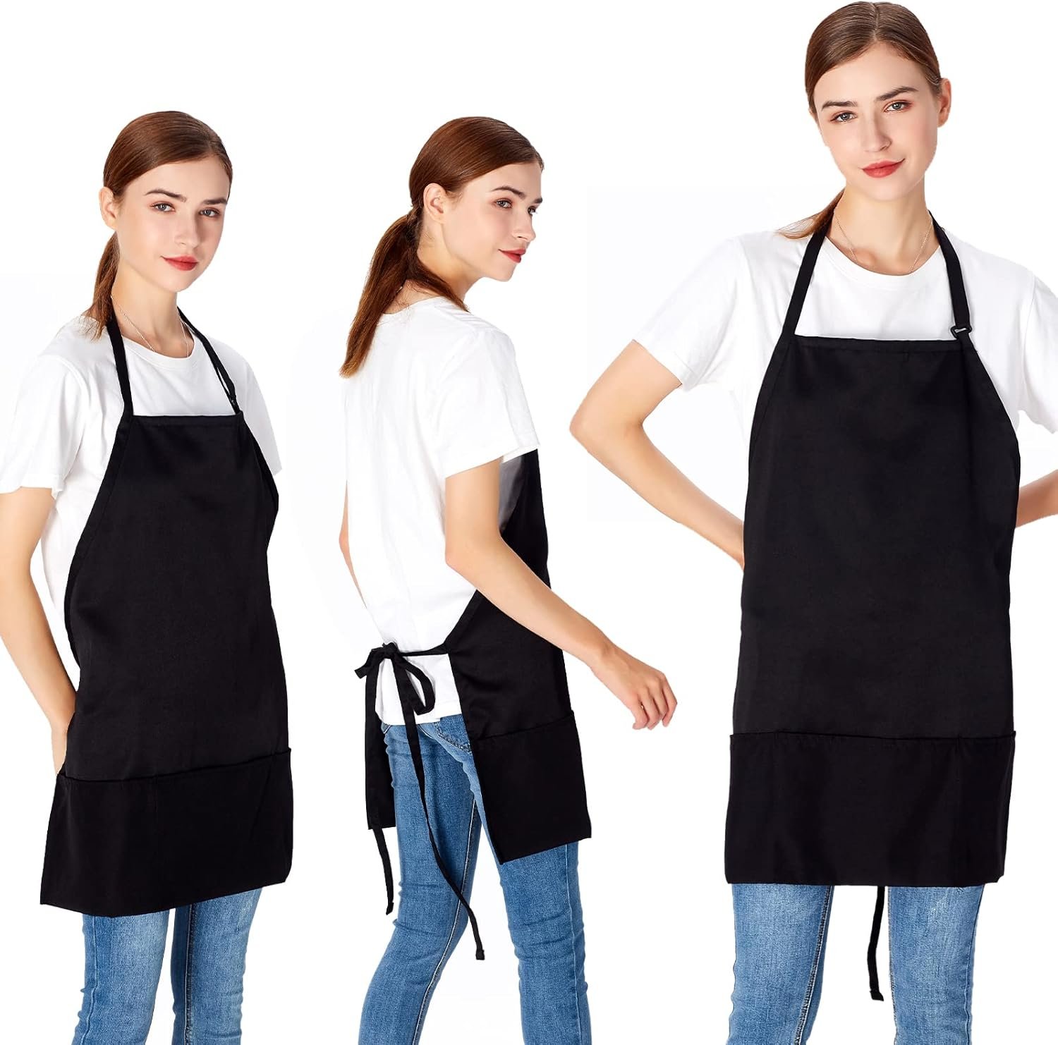 Jubatus 2 Pack 3 Pockets Adjustable Bib Apron Chef Kitchen Cooking Aprons for Women Men, Black - Image 3