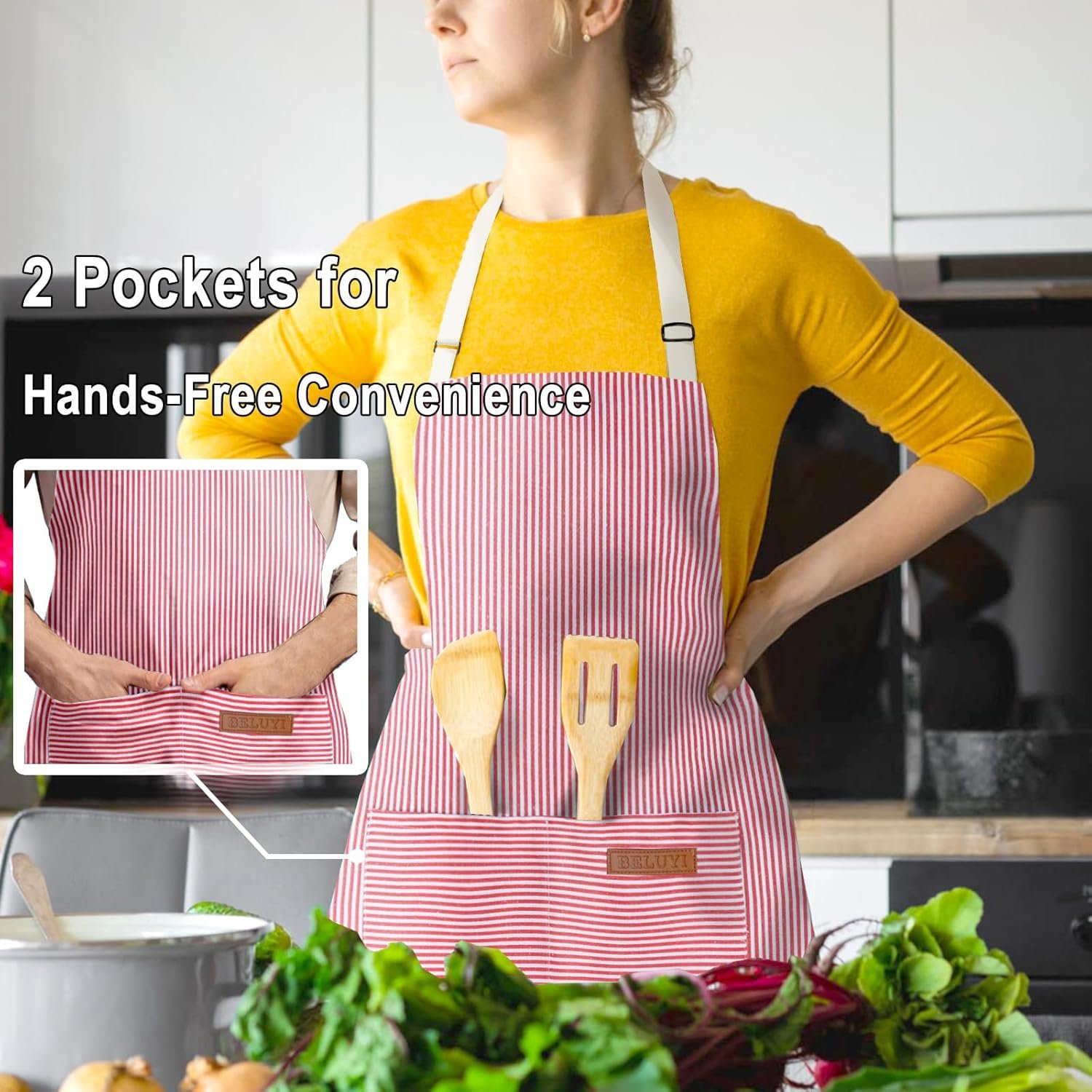 BeLuyi Adjustable Bib Apron with 2 Pockets Chef Cooking Kitchen Restaurant Aprons for Women Men - Image 2